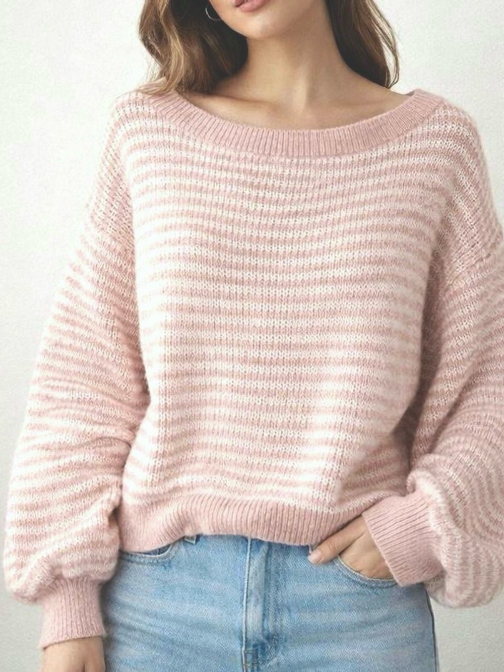SHEIN Pink & White Fuzzy Striped Sweater Size S